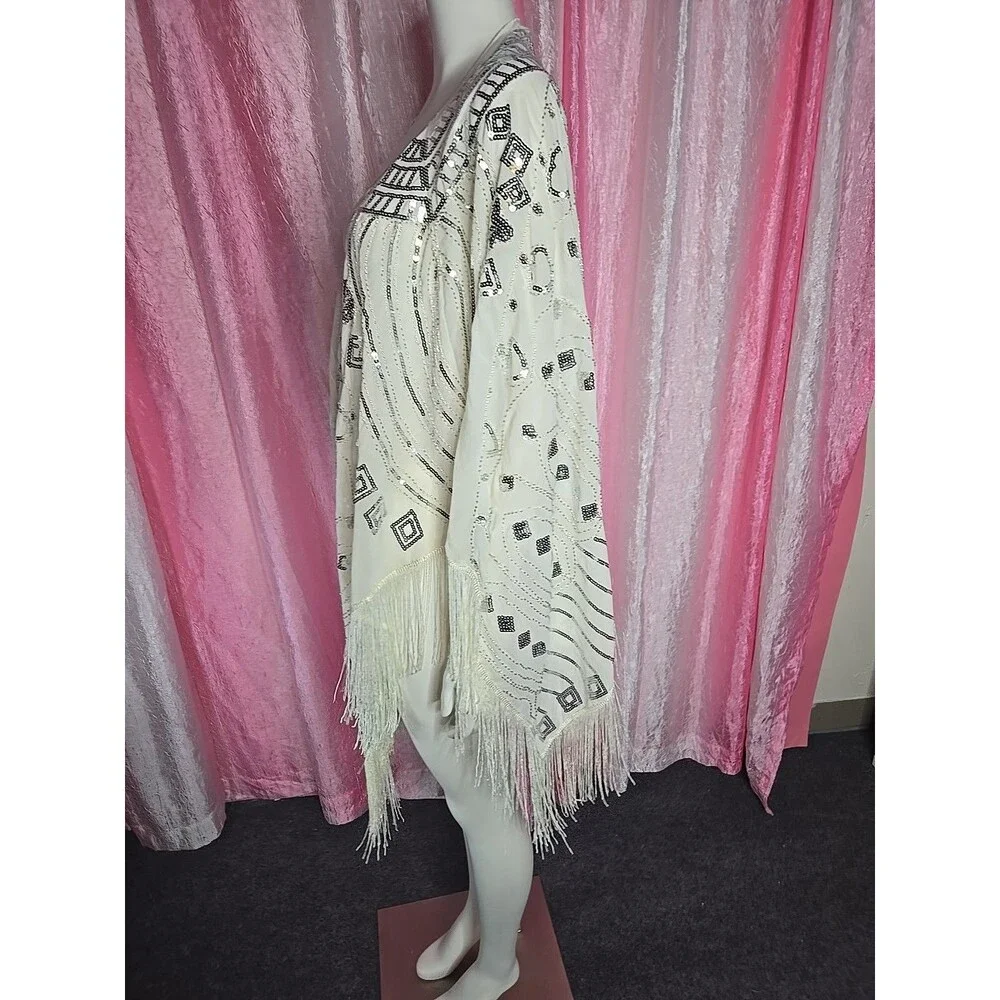 Anna Kaci Exquisite White Sequin Fringe Statement Shawl Wrap One Size